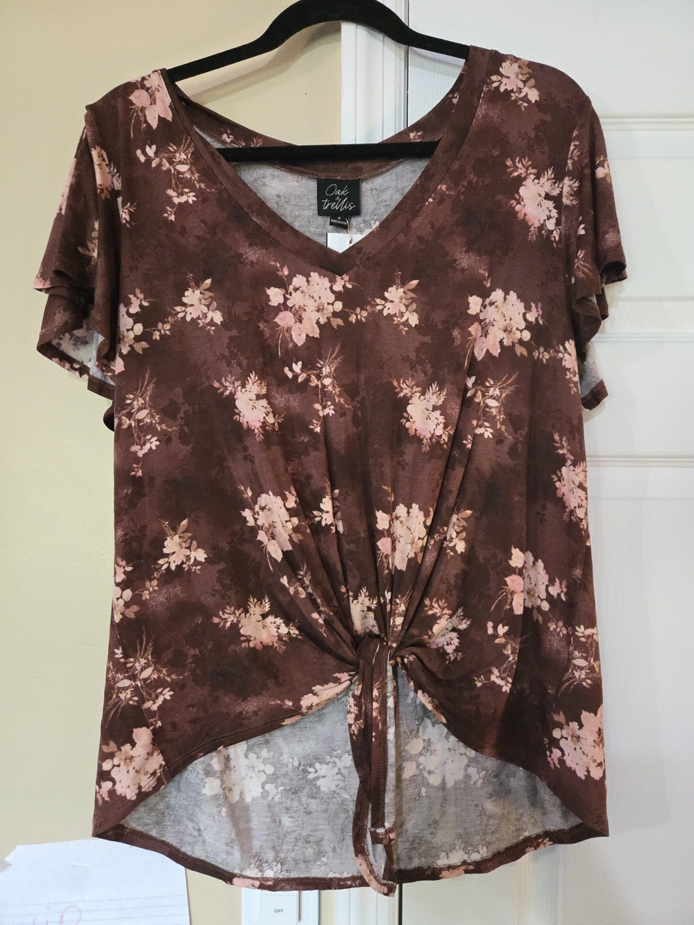 Tie-Front V-Neck Floral Short Sleeve Top - Brown/Pink